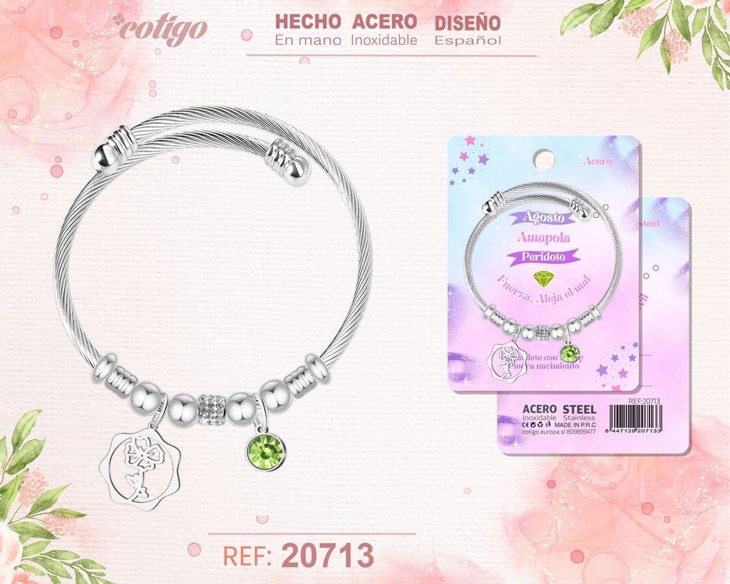 Brazalete de acero para mes de nacimiento Agosto - Joyería personalizada por meses