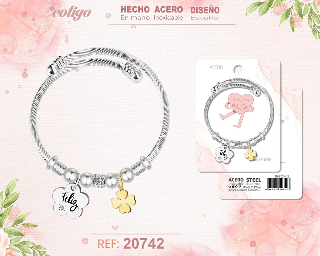 Brazalete de acero con palabra: Feliz - Joyería inspiradora y significativa