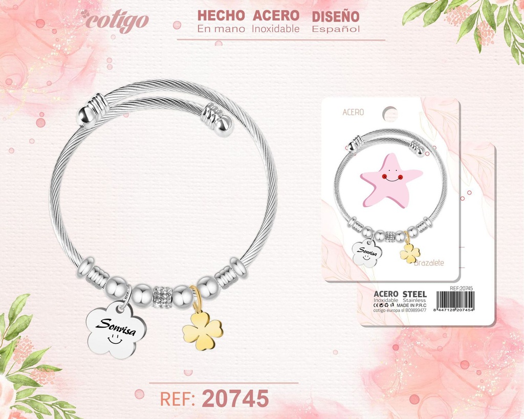 Brazalete de acero con palabra: Sonrisa - Joyería alegre y positiva