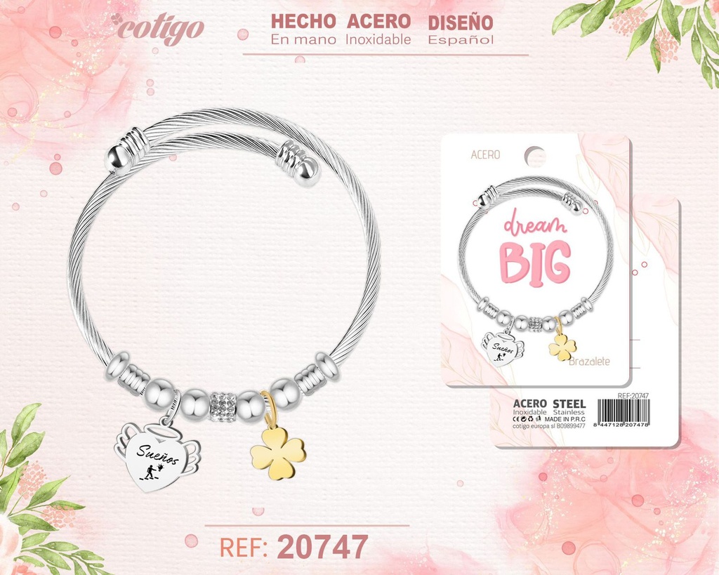 Brazalete de acero con palabra: Sueños - Joyería inspiradora y significativa