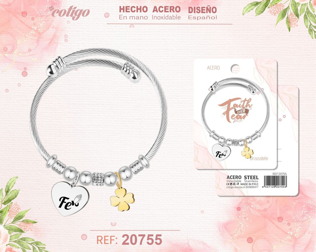 Brazalete de acero con palabra: Fe - Joyería espiritual y esperanzadora