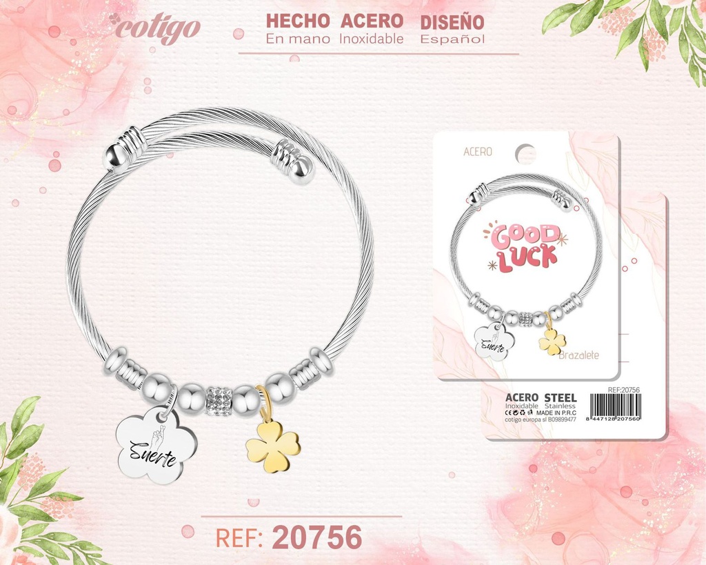 Brazalete de acero con palabra: Suerte - Joyería de buena suerte