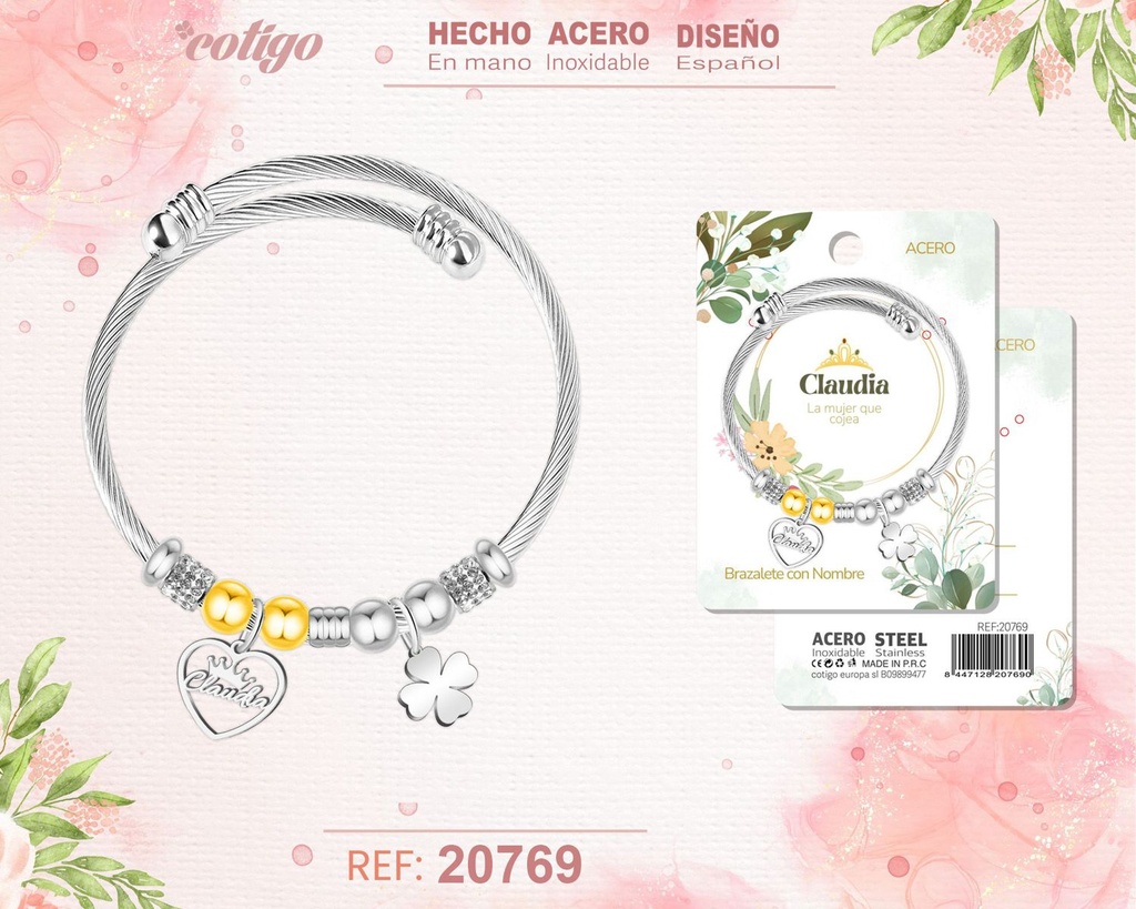 Brazalete de acero con nombre: Claudia - Joyería personalizada con nombres