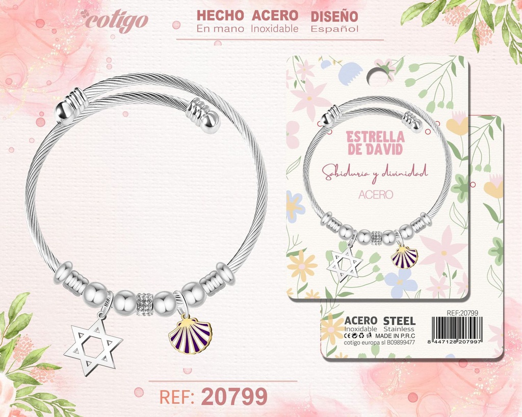 Brazalete de acero con: Estrella David - Joyería simbólica y significativa