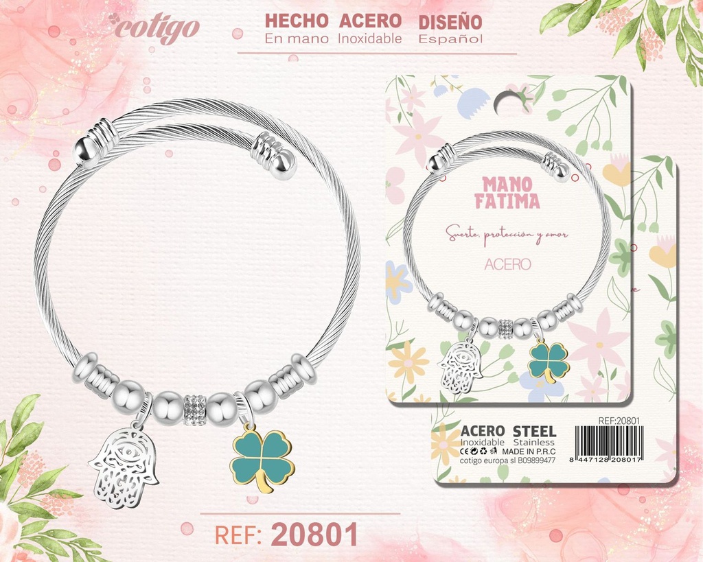 Brazalete de acero con: Mano de Fátima - Joyería protectora y simbólica