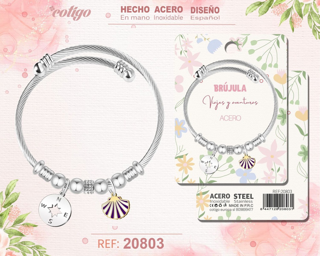 Brazalete de acero con: Brújula - Joyería simbólica de dirección