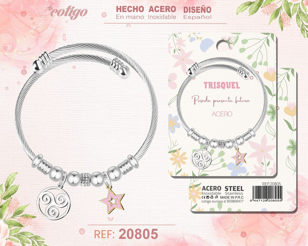 Brazalete de acero con: Trisquel - Joyería simbólica celta