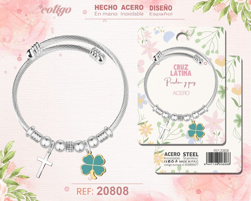 Brazalete de acero con: Cruz latina - Joyería religiosa y simbólica