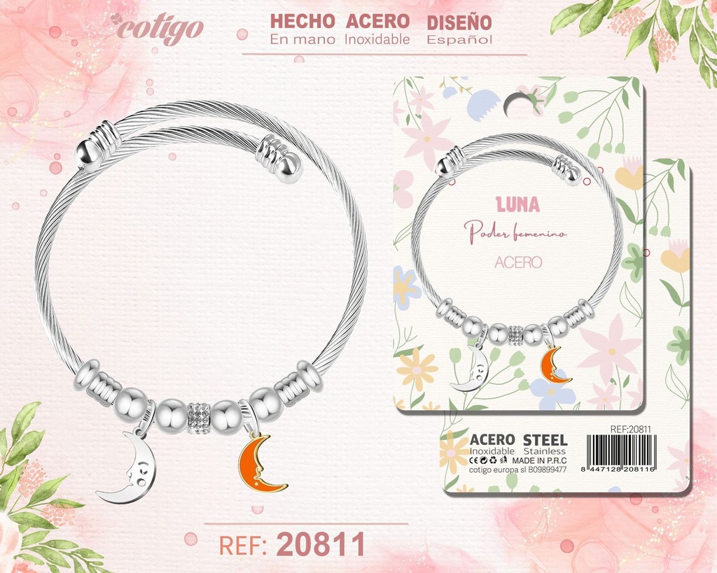 Brazalete de acero con diseño de luna - Joyería y accesorios de moda