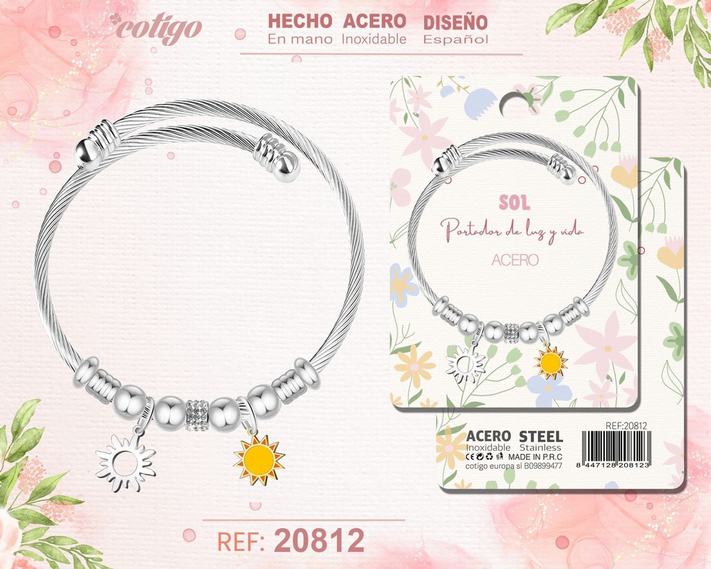 Brazalete de acero con diseño de sol - Joyería y accesorios de moda