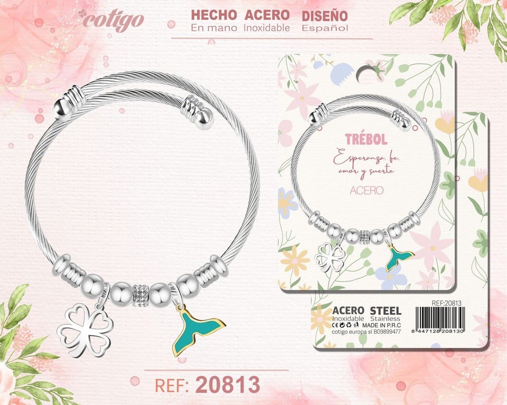 Brazalete de acero con diseño de trébol de suerte - Joyería y accesorios de moda