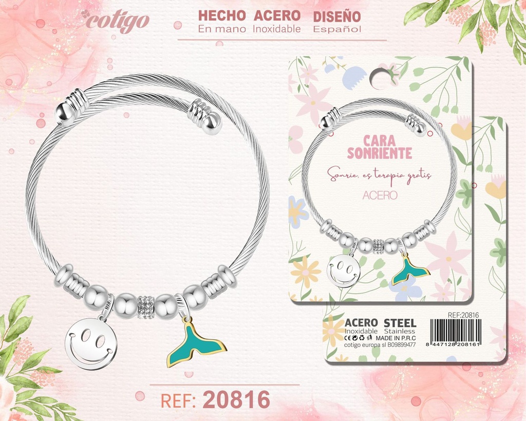 Brazalete de acero con diseño de cara sonriente - Joyería y accesorios de moda