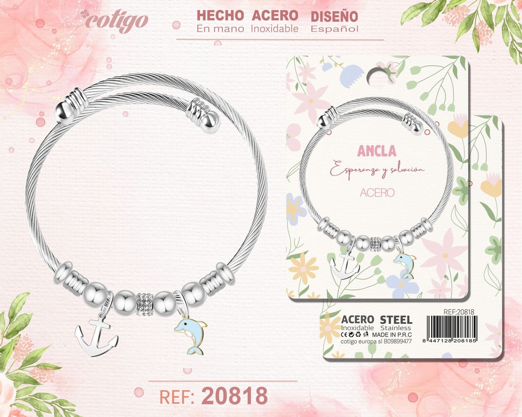 Brazalete de acero con diseño de ancla - Joyería y accesorios de moda