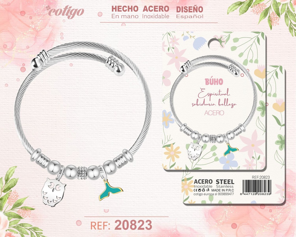 Brazalete de acero con diseño de búho - Joyería y accesorios de moda