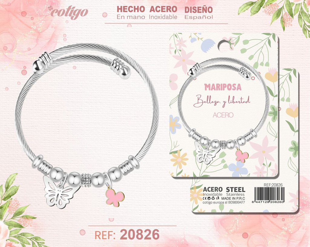 Brazalete de acero con diseño de mariposa - Joyería y accesorios de moda