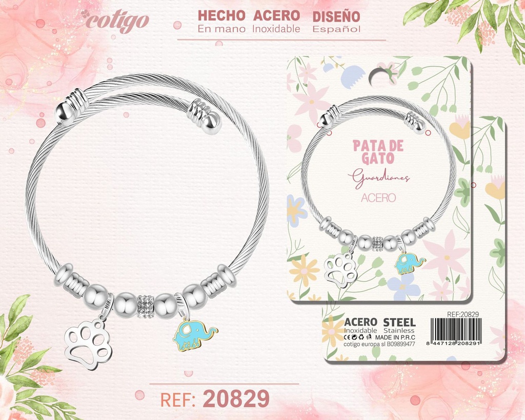 Brazalete de acero con diseño de huella de gato - Joyería y accesorios de moda