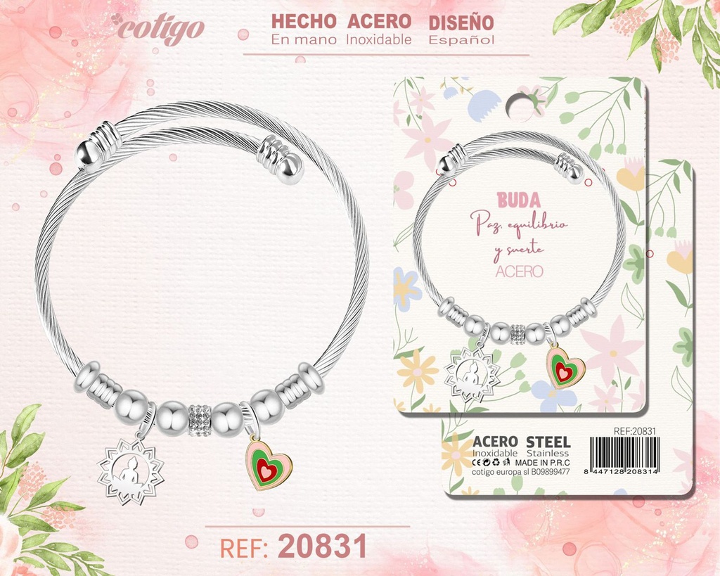 Brazalete de acero con diseño de Buda - Joyería y accesorios de moda