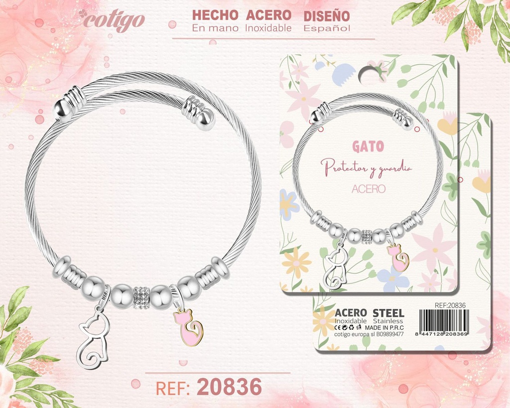 Brazalete de acero con diseño de gato - Joyería y accesorios de moda