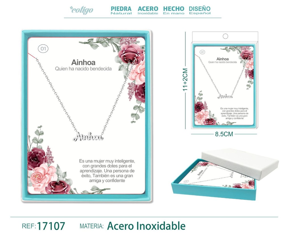 Collar de acero plateado con nombre Ainhoa - Joyas personalizadas