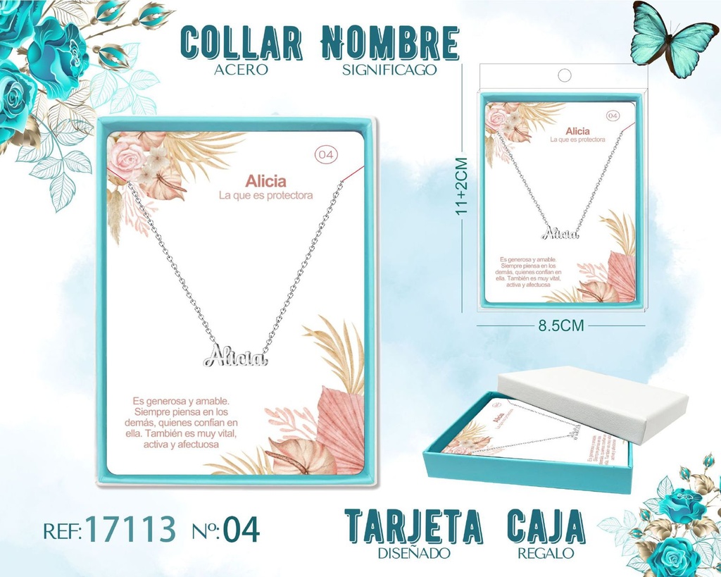 Collar de acero plateado con nombre Alicia - Joyas personalizadas