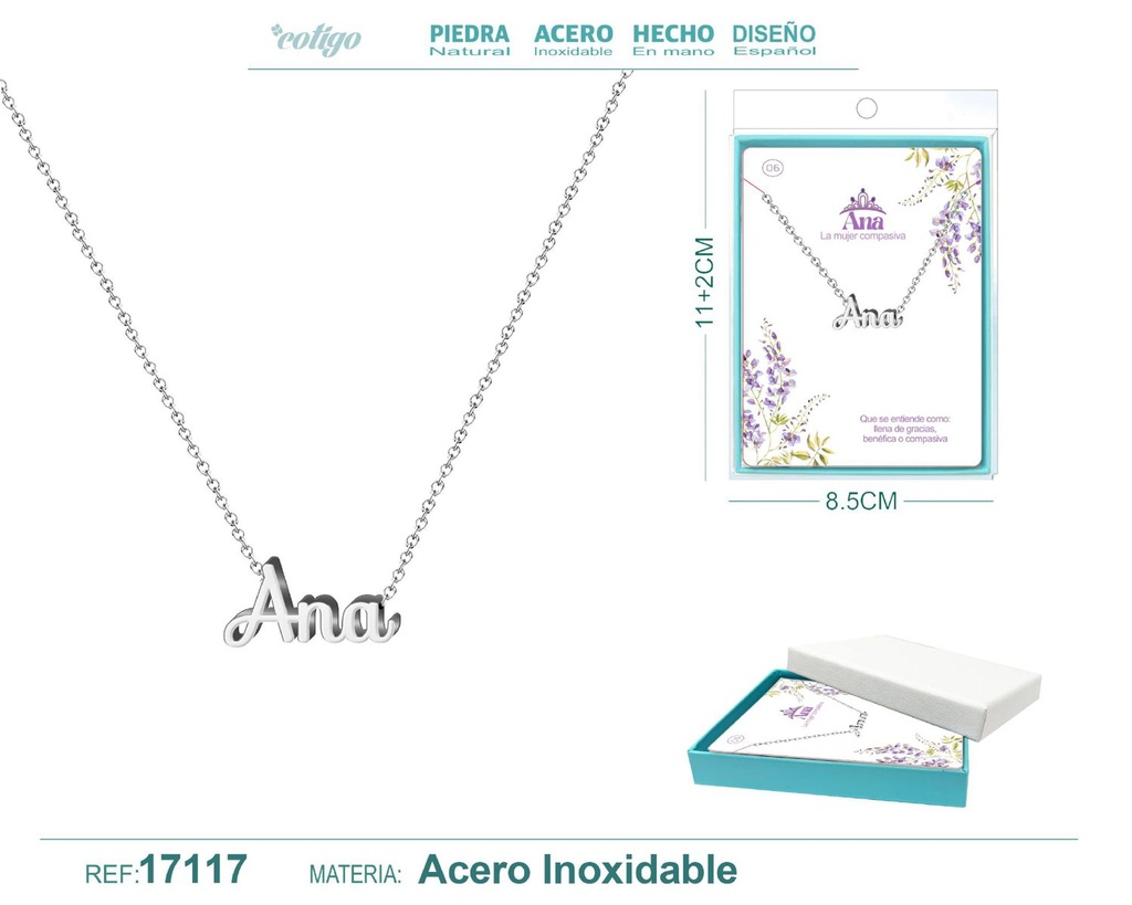 Collar de acero plateado con nombre Ana - Joyas personalizadas
