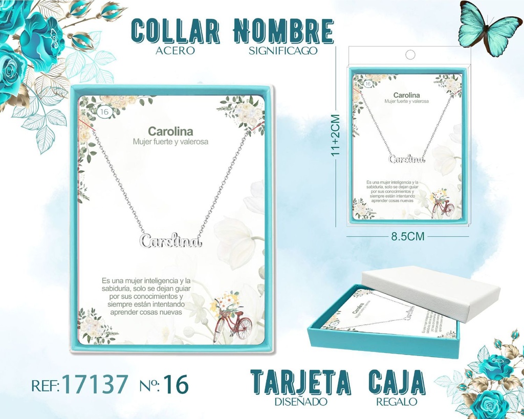 Collar de acero plateado con nombre Carolina - Joyas personalizadas