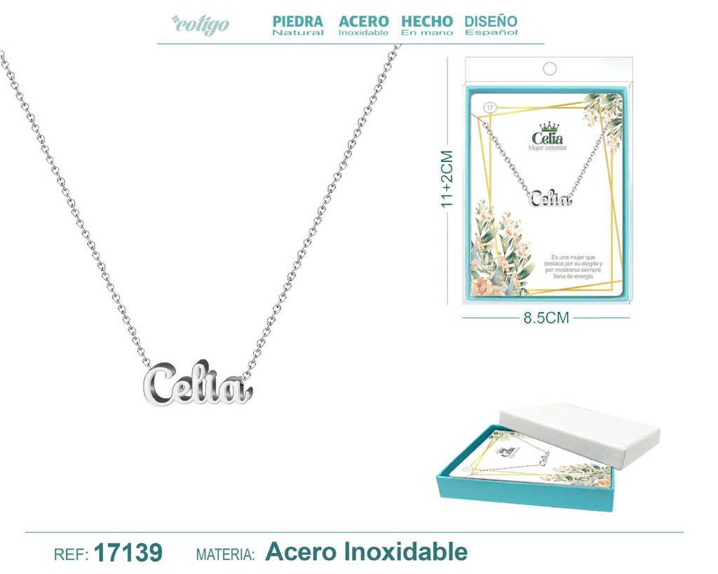 Collar de acero plateado con nombre Celia - Joyas personalizadas