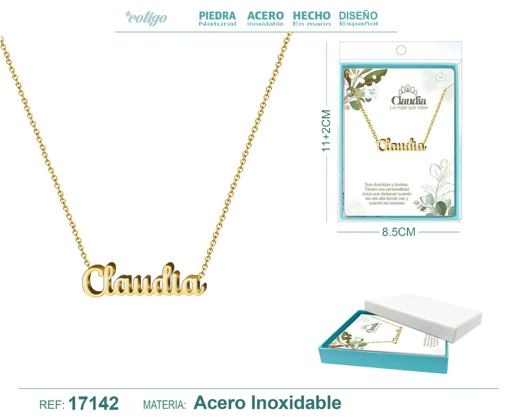 Collar de acero dorado con nombre Claudia - Joyas personalizadas