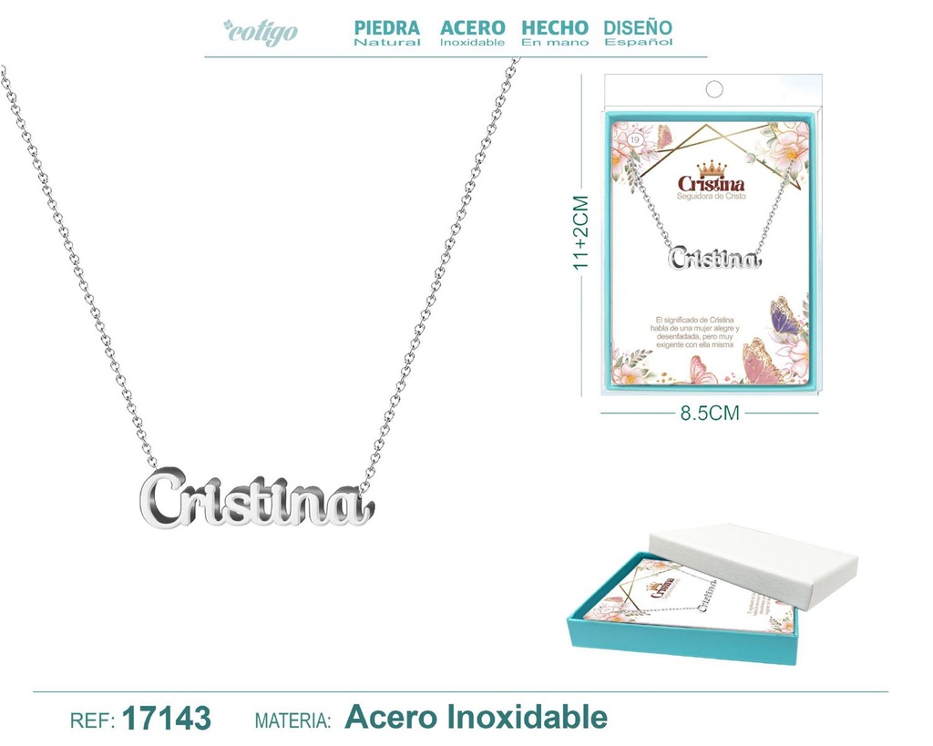 Collar de acero plateado con nombre Cristina - Joyas personalizadas
