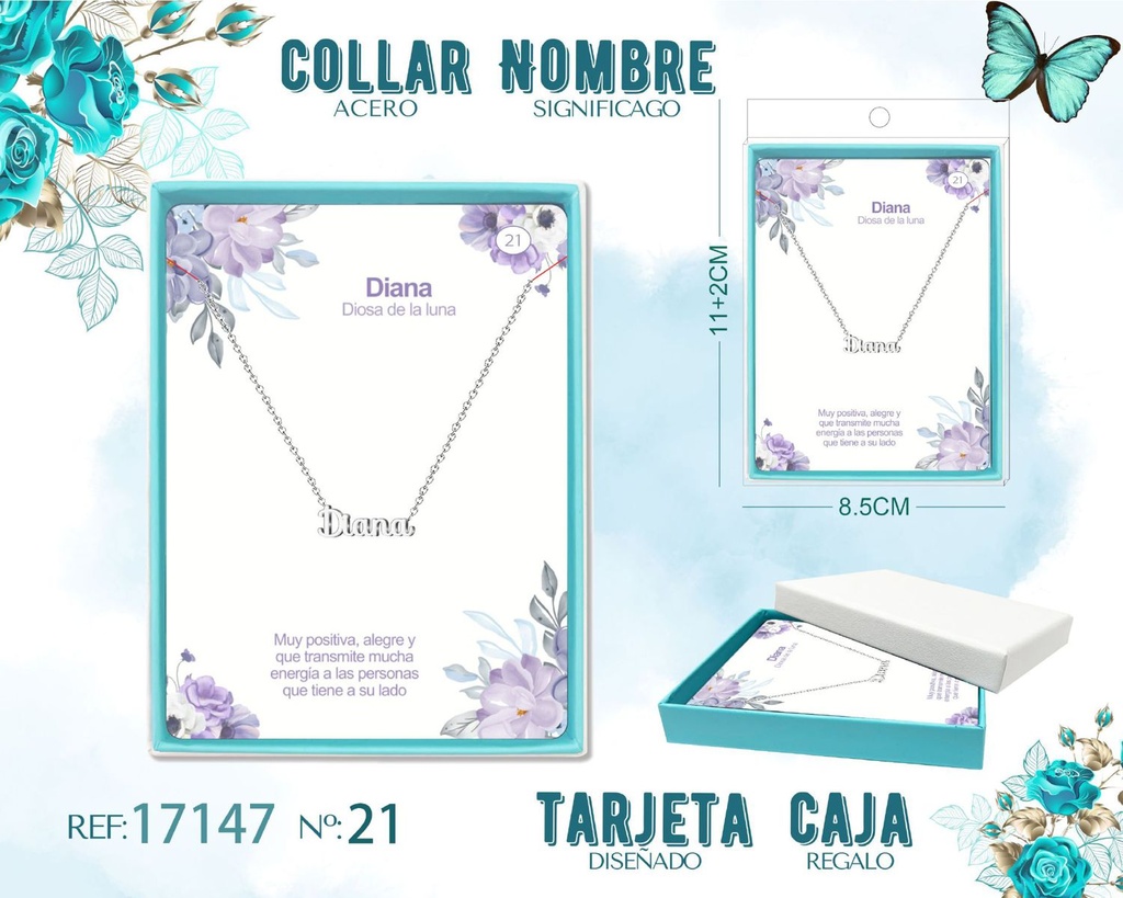 Collar de acero plateado con nombre Diana - Joyas personalizadas