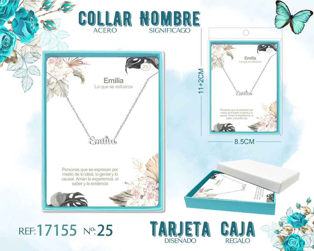 Collar de acero plateado con nombre Emilia - Joyas personalizadas