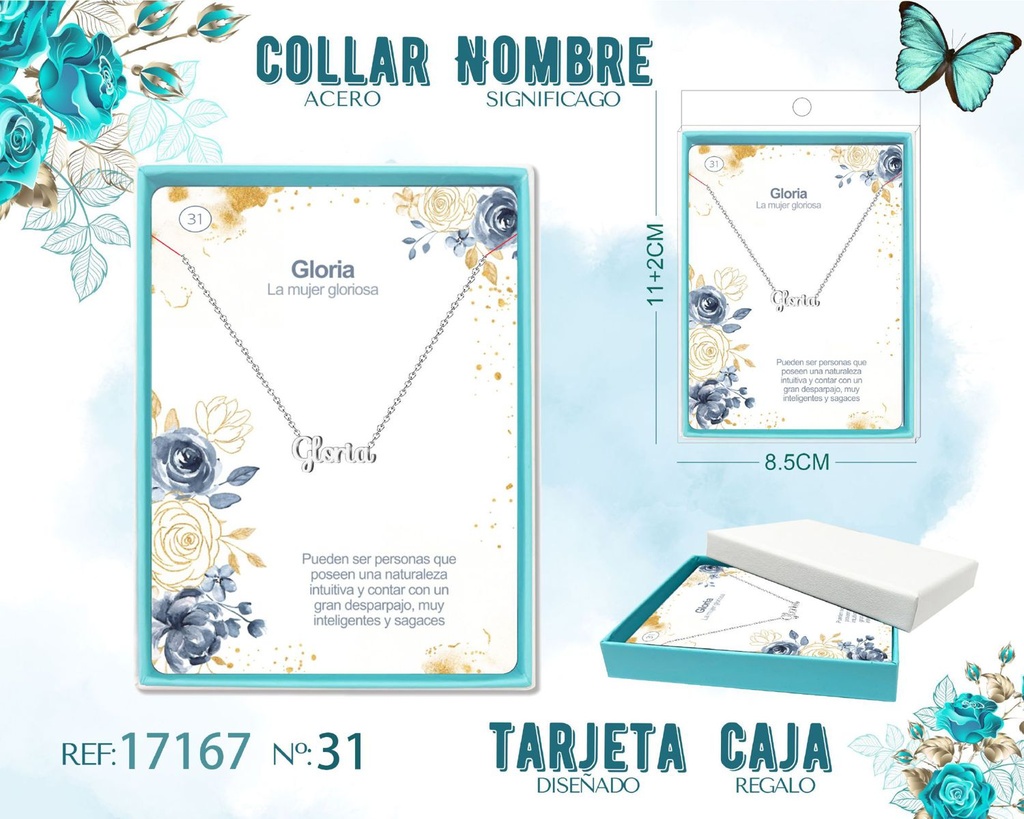 Collar de acero plateado con nombre Gloria - Joyas personalizadas