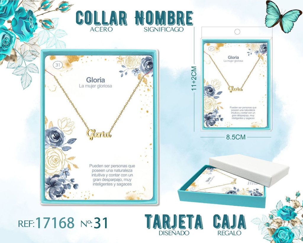 Collar de acero dorado con nombre Gloria - Joyas personalizadas