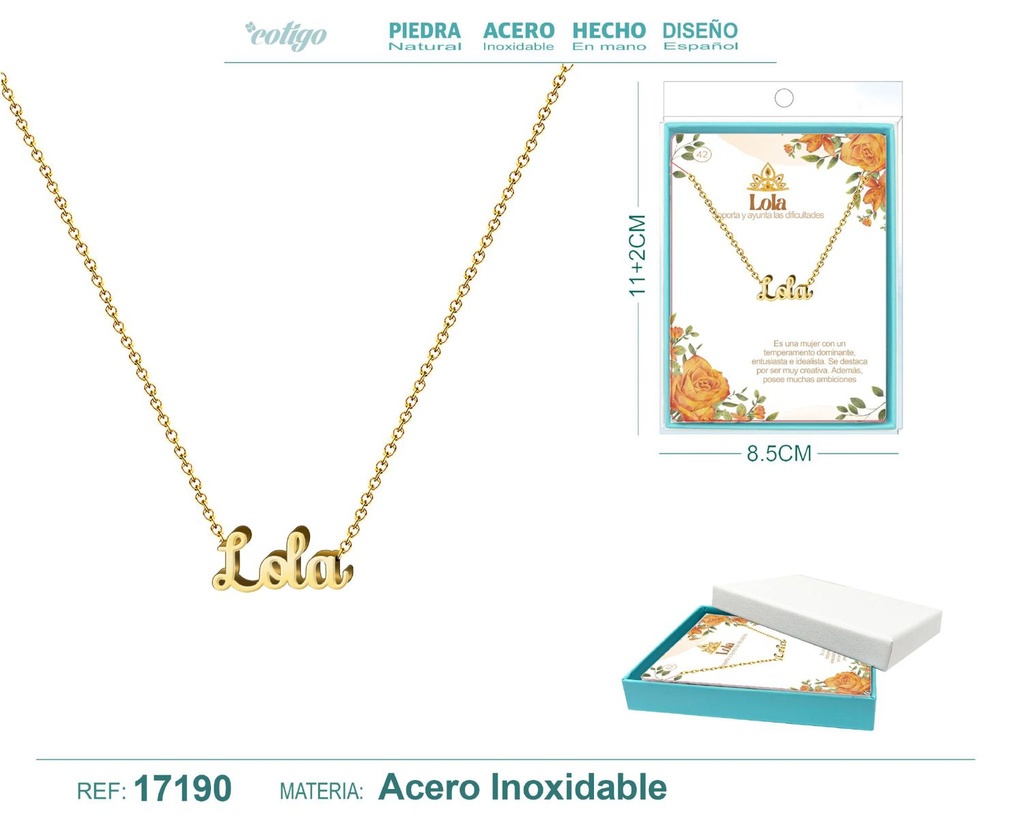 Collar de acero dorado con nombre Lola - Joyas personalizadas
