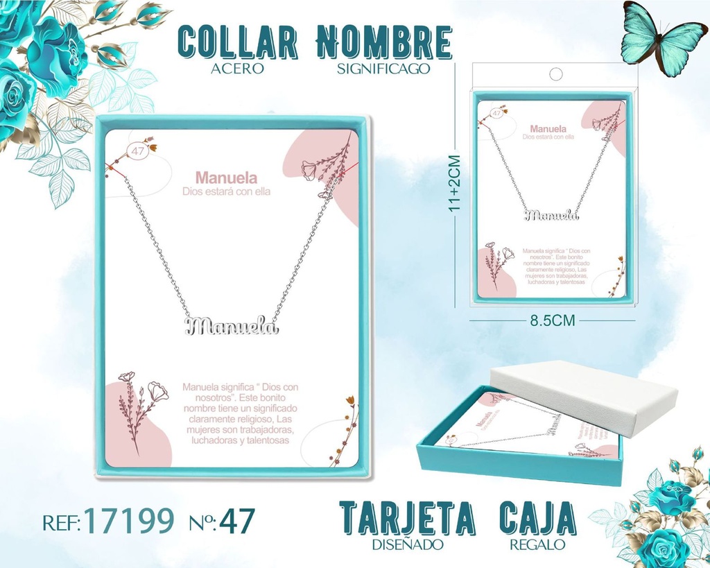 Collar de acero plateado con nombre Manuela - Joyas personalizadas