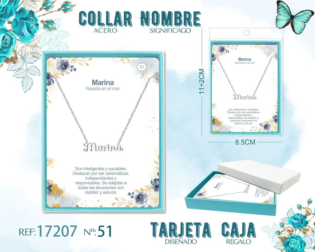 Collar de acero plateado con nombre Marina - Joyas personalizadas