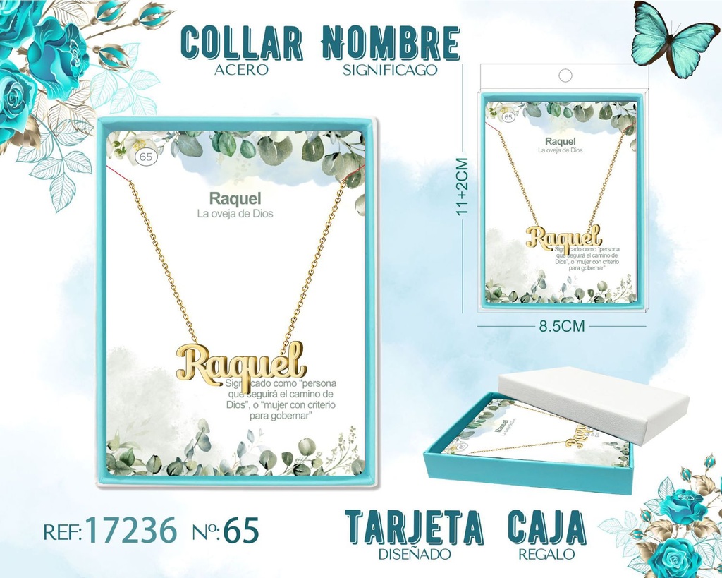 Collar de acero dorado con nombre Raquel - Joyas personalizadas