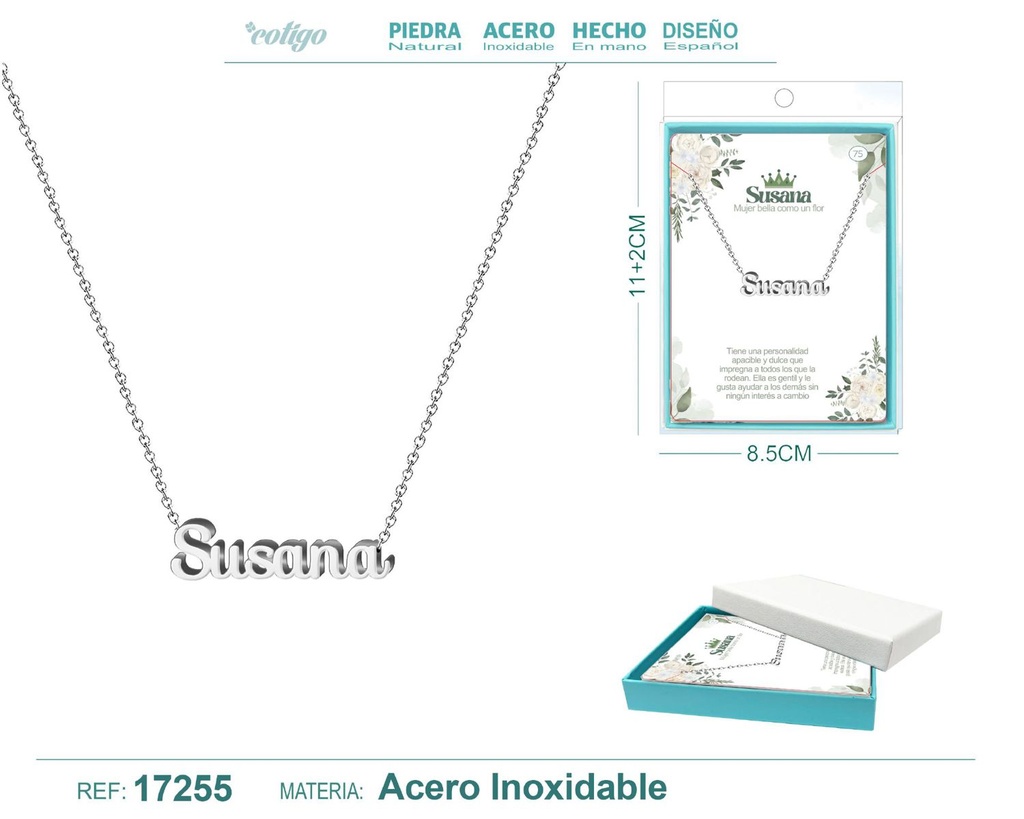 Collar de acero plateado con nombre Susana - Joyas personalizadas