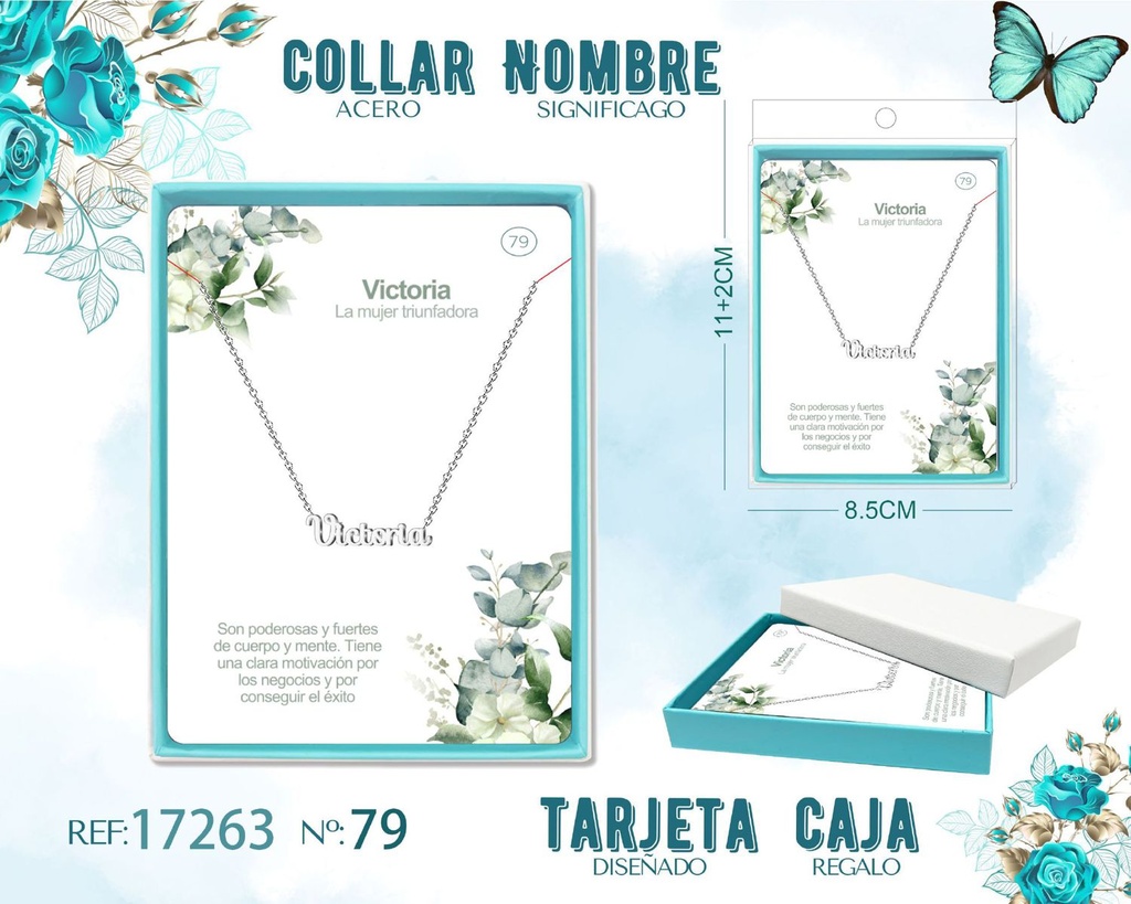 Collar de acero plateado con nombre Victoria - Joyas personalizadas