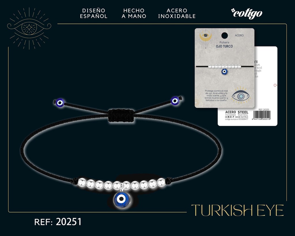 Pullsera de ojo turco de acero con cordón hilo encerado - Joyería y accesorios