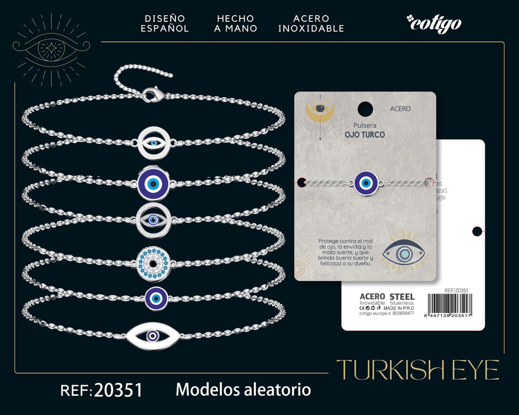 Pullsera de acero con ojo turco aleatorio - Joyería y accesorios