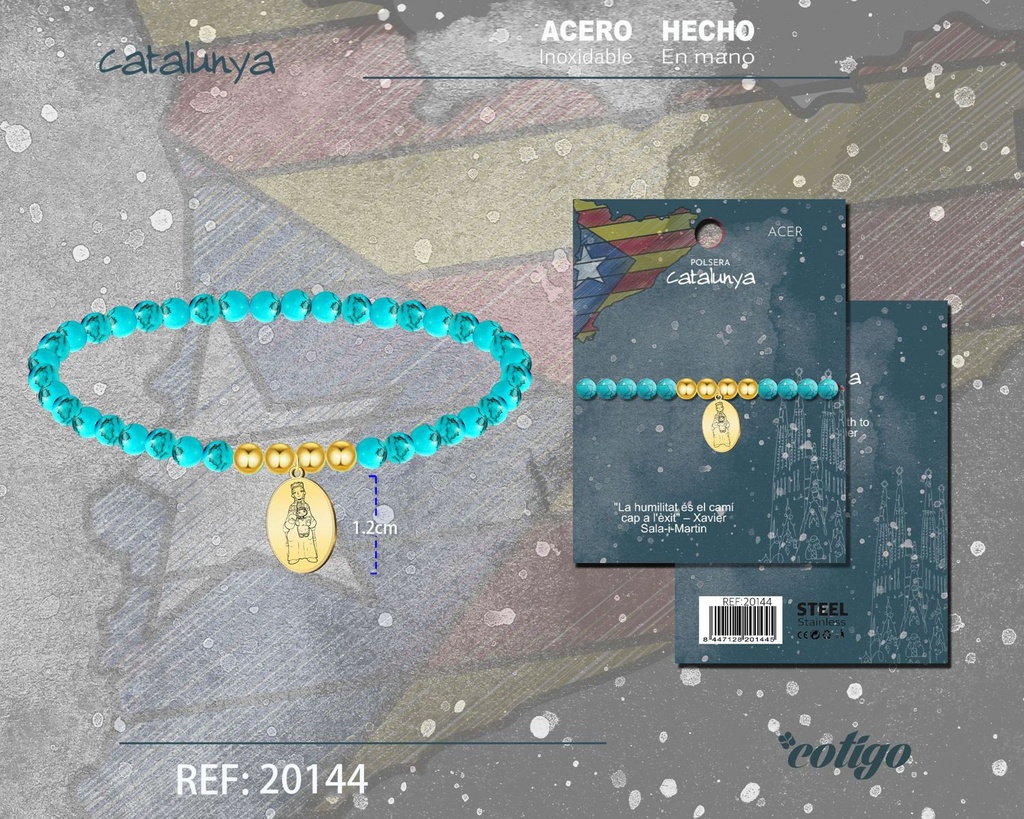 Pulsera turquesa elástica con Virgen de Montserrat de acero dorado - Joyería regional