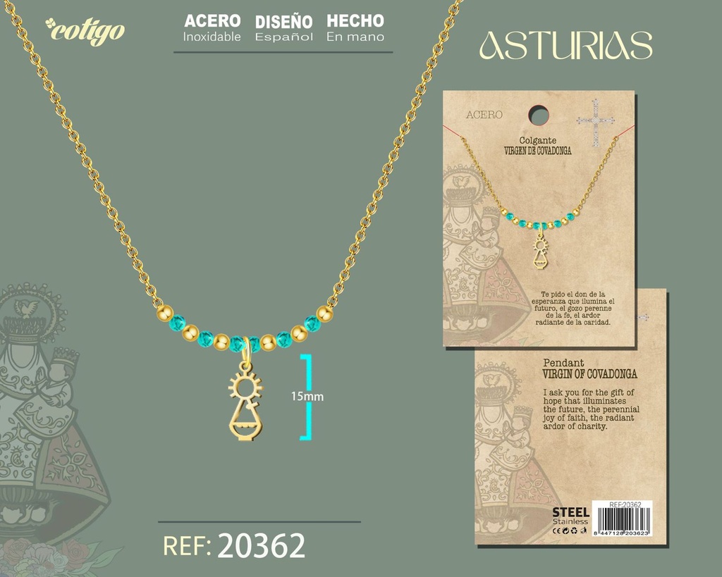 Colgante Virgen de Covadonga de acero dorado - Joyería asturiana