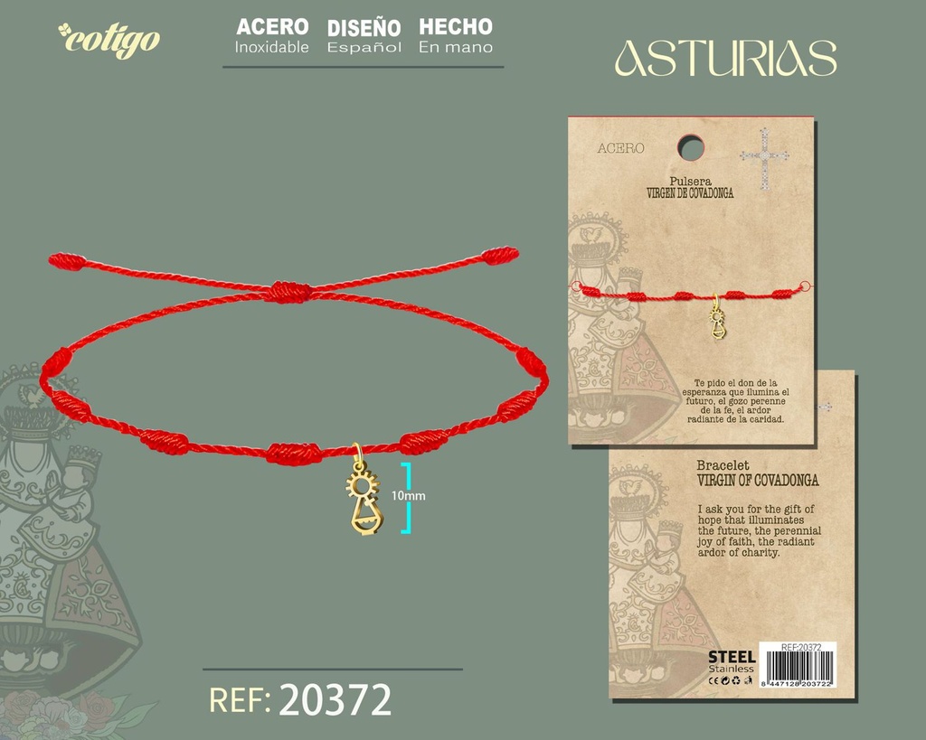 Pulsera de 7 nudos con Virgen Covadonga de acero dorado - Joyería asturiana