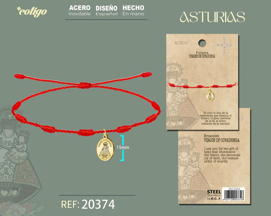 Pulsera de 7 nudos con Virgen Covadonga de acero plateado - Joyería asturiana