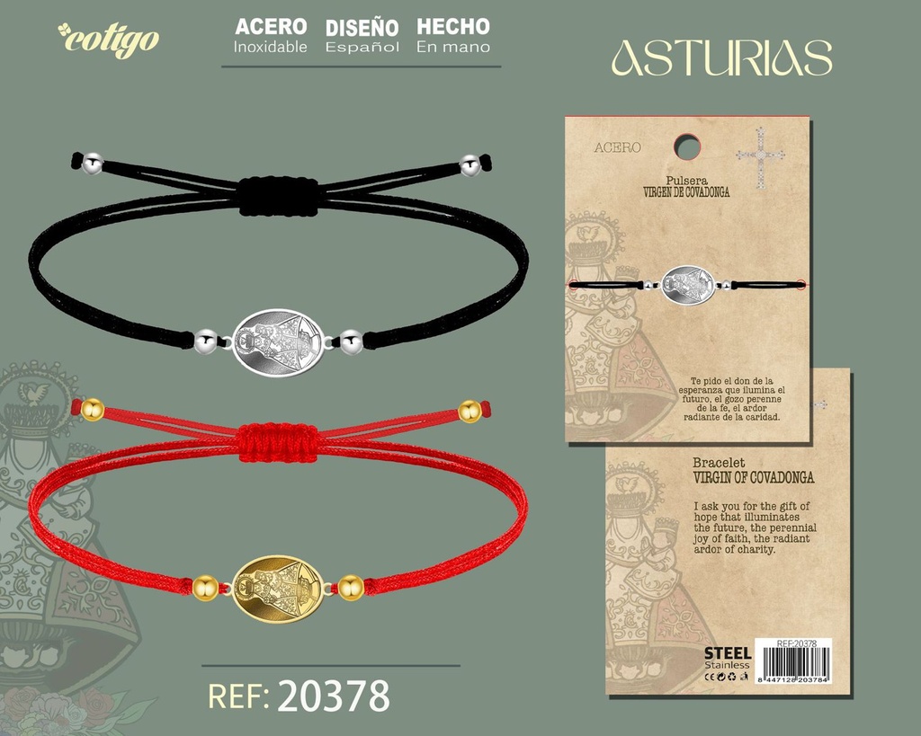 Pulsera hilo encerado con Virgen Covadonga de acero P y D - Joyería asturiana