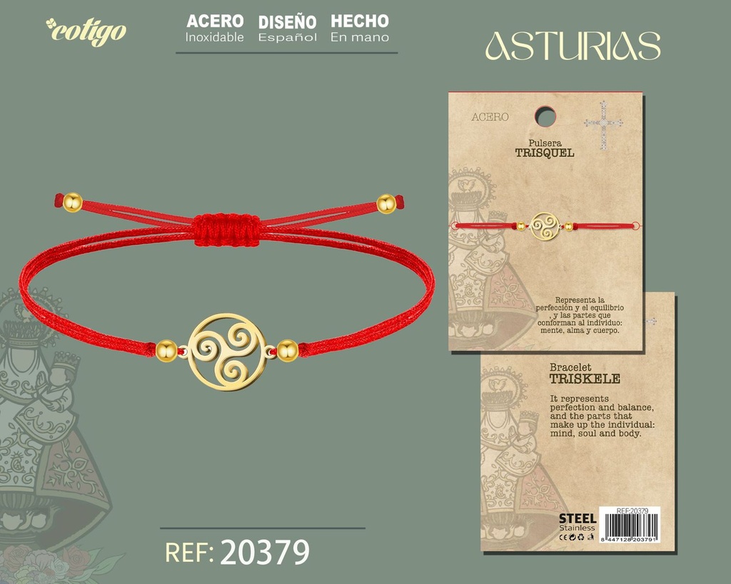 Pulsera hilo encerado con trisquel de acero dorado - Joyería asturiana