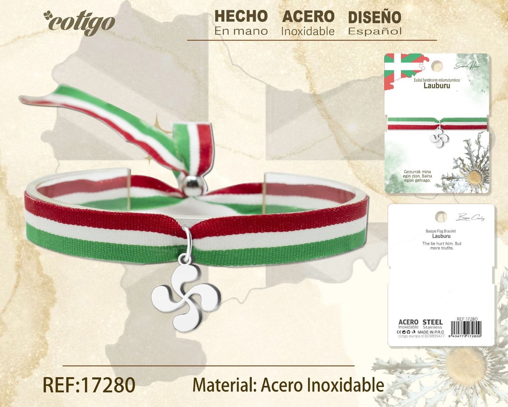 Pulsera bandera Euskal con Lauburu de acero plateado - Joyería vasca