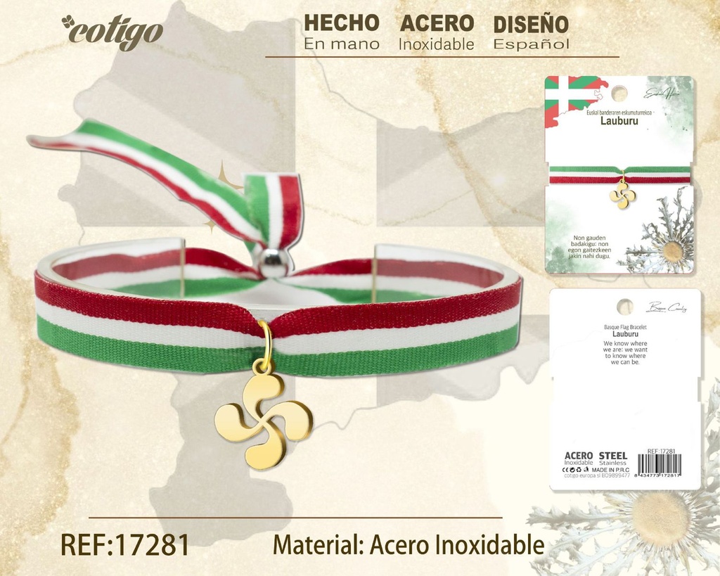 Pulsera bandera Euskal con Lauburu de acero dorado - Joyería vasca