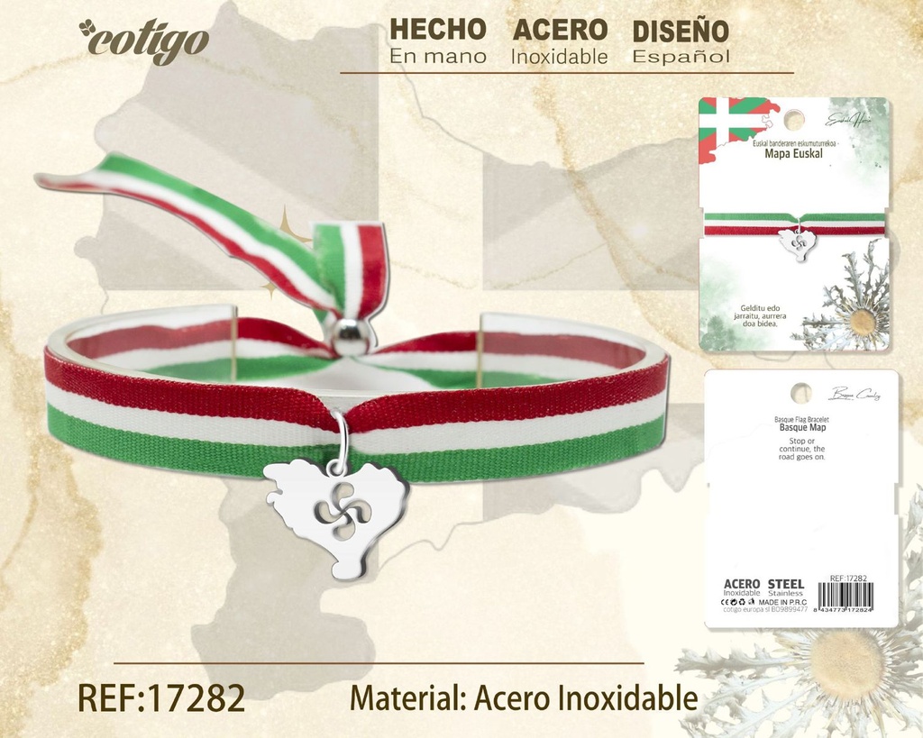 Pulsera bandera Euskal con mapa Euskal de acero plateado - Joyería vasca